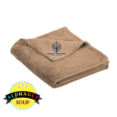 Legacy Creators Academy logo on tan ultra plush blanket