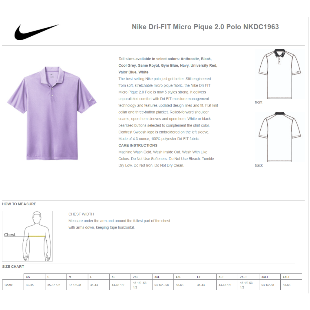 Nike polo shirt size chart best sale