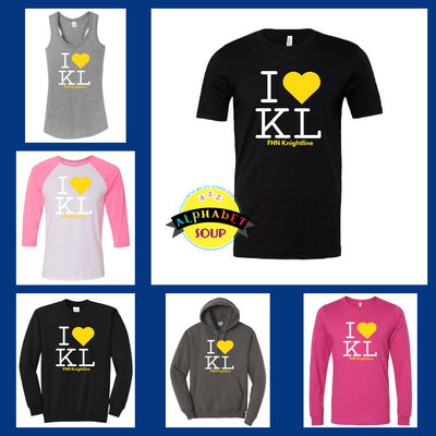 FHN Knightline I Heart KL Design on sweatshirts and tees collage