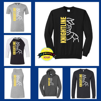 FHN Knightline vertical knight design on sweatshirts and tees collage