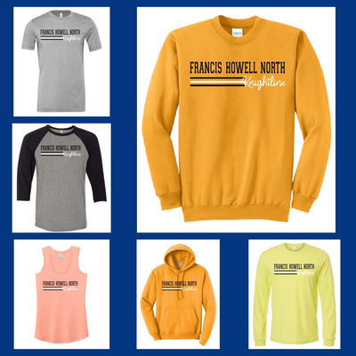 FHN Knightline stripes design on sweatshirt and tee collage