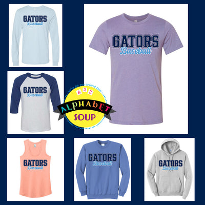 Gators Baseball - Varsity Gators Baseball design on a tee and sweatshirt collage.