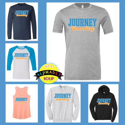 Journey elementary varsity design on tees and sweatshirt collage.