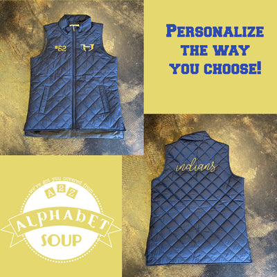 Quilted vest featuring the Holt Power H logo on the left chest. Add the optional number on the right chest and/or script "indians" on the back.