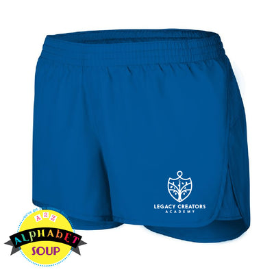Legacy Creators Academy logo on royal blue wayfarer running shorts