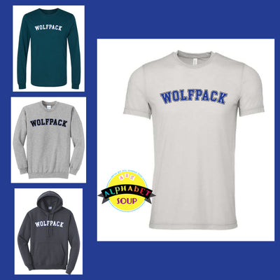 John Weldon Arched Wolfpack design tee and sweatshirt collage.