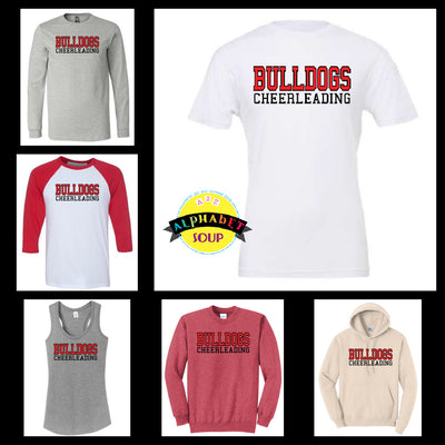 Athletic Font Bulldogs cheerleading collage with tee and sweatshirts