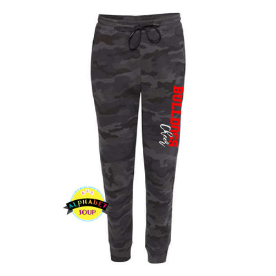 Independent Trade Co Camo sweatpants with Bulldogs Cheer down the leg.