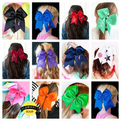 Hair Bow Collage with Discovery Ridge Star, Monogram and initial embroidered on the bow tails.