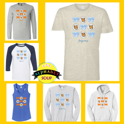 Journey elementary bows and logos design on tees and sweatshirt collage.