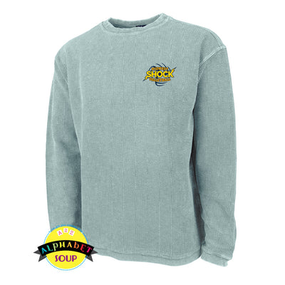 Midwest Shock logo on teal camden crewneck sweatshirt