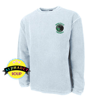 Mehlville football logo on camden crewneck sweatshirt in light blue