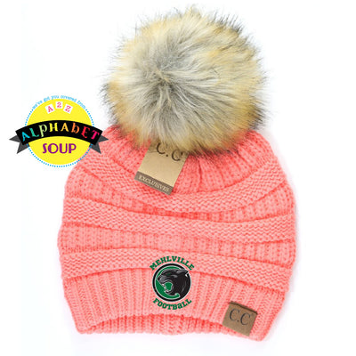 Mehlville Football logo on CC pom beanie in coral