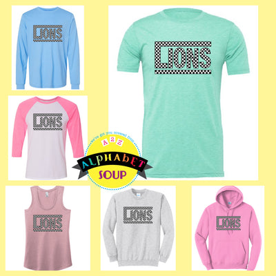 Lakeview Elementary Checkered Lions design on your choice of clothing shown 