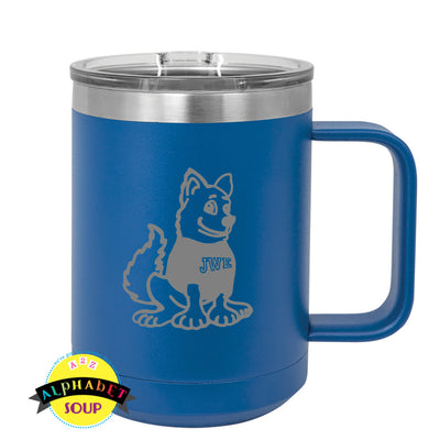 stainless steel coffee mug with etched john Weldon logo