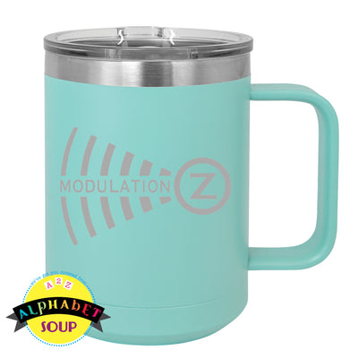 Modulation Z logo etched on teal coffee mug tumbler