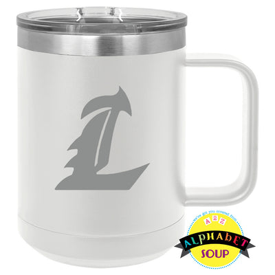 Liberty L logo on white coffee mug tumbler