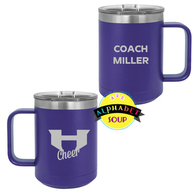 Holt Cheer logo etched on JDS coffee mug with coach miller on the back