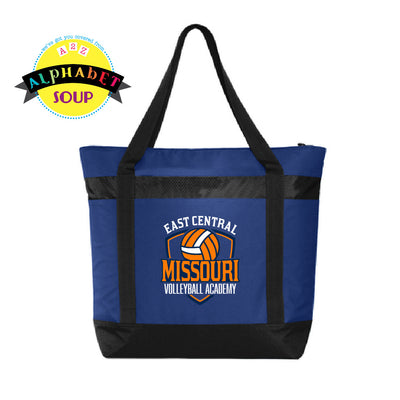 ecmo volleyball orange logo on blue cooler tote bag