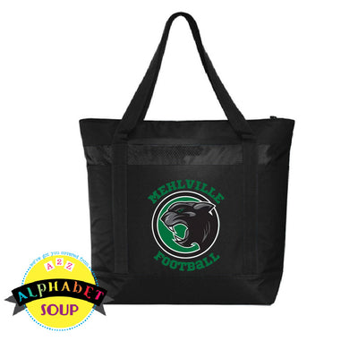 Mehlville football logo on cooler tote in black