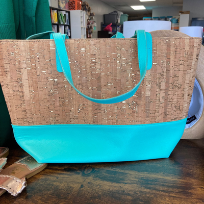 cork and teal tote
