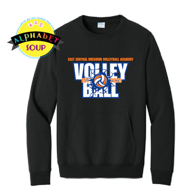 ecmo volleyball crash design on black crewneck with pocket