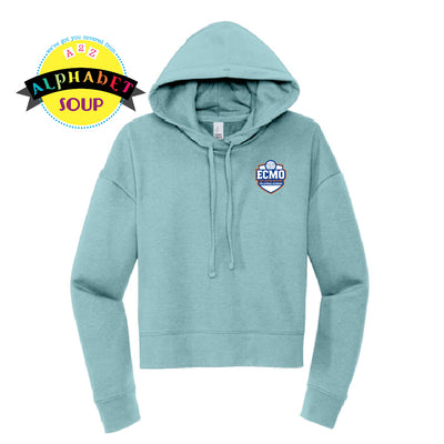 ECMO logo on teal cropped fleece hoodie