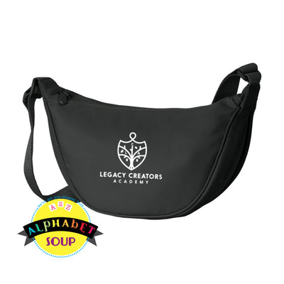 Legacy Creators Academy logo on black crossbody bag/purse