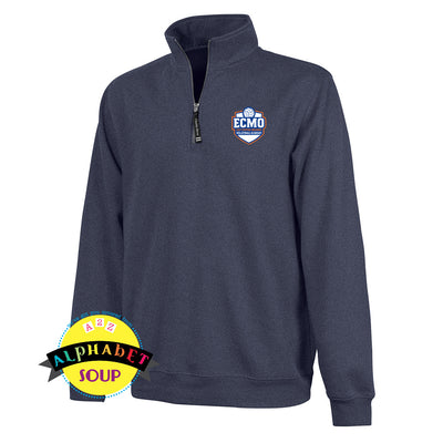 ECMO logo on navy heather crosswinds pullover