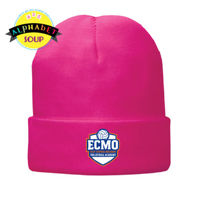ECMO logo on pink cuffed beanie