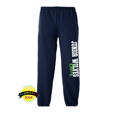 Port & Co elastic cuff sweatpants with Jr wolves cheer down the leg.