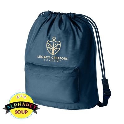 Legacy Creators Academy logo on navy cinch bag