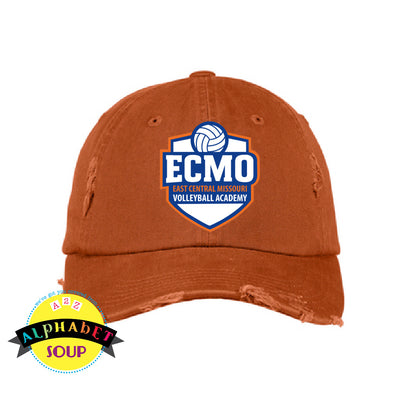 Orange distressed cap with East Central Missouri Volleyball Academy logo