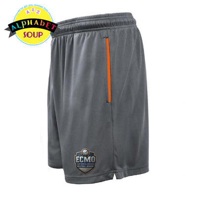 ECMO logo on driveline shorts with orange pockets
