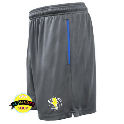 Midwest Shock logo on grey driveline shorts with blue pockets