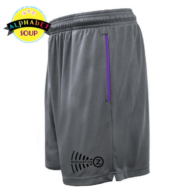 Modulation Z black logo on gray driveline shorts