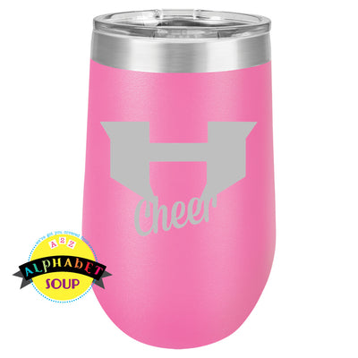 Holt Cheer logo etched onto the JDS stemless tumbler.