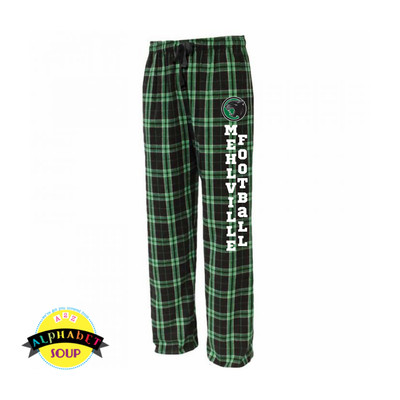 Mehlville Football logo on fleece flannel pants in green and black