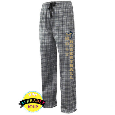 pajama pants with holt basketball logo down the left leg