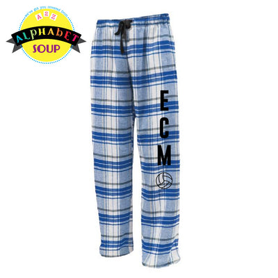 Blue and white plaid pajama pants with 'ECM' and a volleyball graphic 