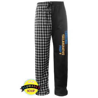 Pennant flannel pants with Carolina Collaborative Prep design down left side 