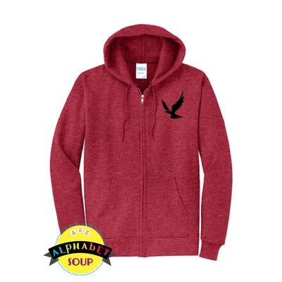 embroidered full zip hoodie with pleasant lane logo on the left chest