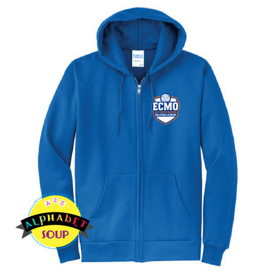 Royal blue full zip hoodie with embroidered ECMO logo.