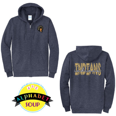 Port and Co full zip hoodie with logo on the front and Indians design on the back