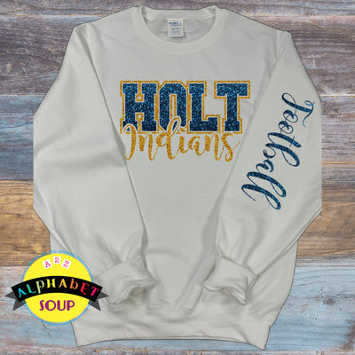Holt Football glitter Holt Indians Design crewneck sweatshirt with football down the sleeve