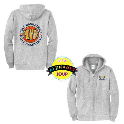 front and back full zip hoodie with holt basketball logo on front left chest ad holt basketball design of your choice on the back