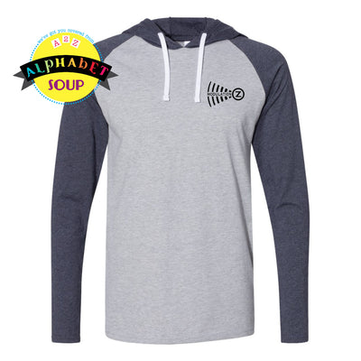 Modulation Z logo on heather grey and navy long sleeve hooded raglan tee