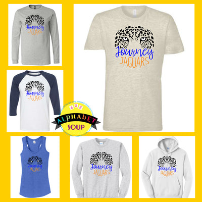 Journey elementary jaguar face design on tees and sweatshirt collage.