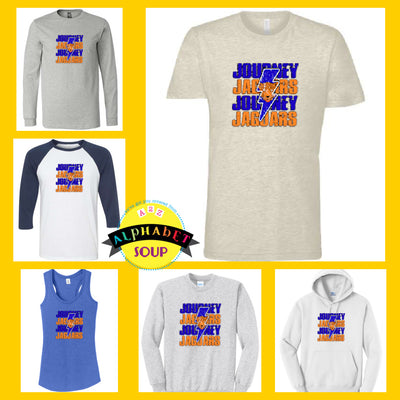 Journey elementary jaguar lightning design on tees and sweatshirt collage.