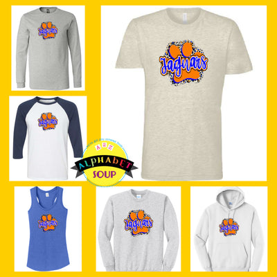 Journey elementary jaguar paw print design on tees and sweatshirt collage.